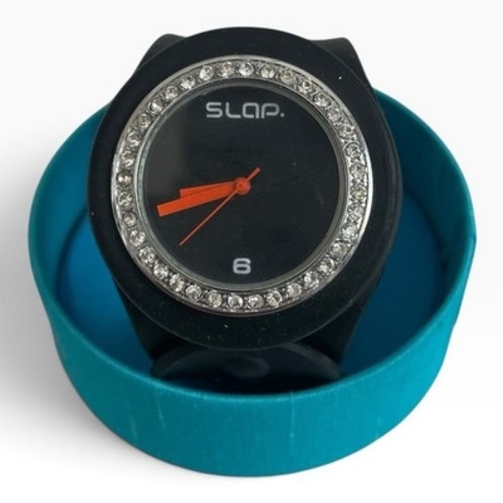 Slap Watch Black Rhinestone Bezel Silicone Slap Bracelet Watch EXC